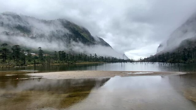 Cloudy landscape view and dead tree stumps standing on frozen madhuri lake or sangetsar lake sangestar tso lake.located near bum la pass in tawang, arunachal pradesh, india