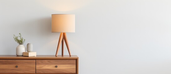 A lamp rests on a rectangular wooden table, with tints and shades of hardwood flooring and cabinetry, sitting elegantly on top of the dresser with a lampshade