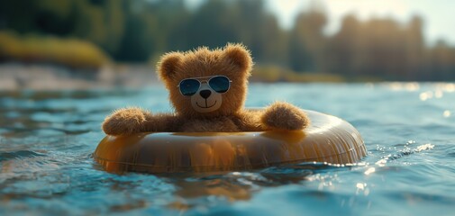 cute teddy bear wearing sunglasses sitting in floatie,  relax in pool, happy summer vacation time, Generative Ai - obrazy, fototapety, plakaty