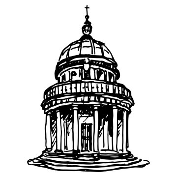 Tempietto of San Pietro in Montorio church in Rome, Italy. Renaissance Italian architecture. Hand drawn linear doodle rough sketch. Black and white silhouette.