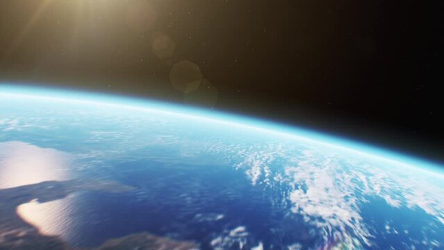 Beautiful Flight from the Earth and Sun in Space. Blue Planet with Clouds and Night Cities Lights Glowing at Sunset Zooming Out 3d Animation. Flying Away from Earth to Universe and Stars Intro 4k.
