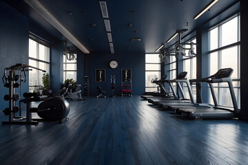 modern and minimalistic gym with a wide variety of exercise equipment, dark blue and parquet, empty fitness room, sports equipment, panorama banner design - obrazy, fototapety, plakaty