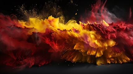 Red and yellow colored powder explosions on black background.

