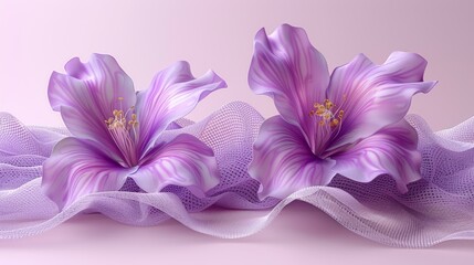  a group of purple flowers sitting on top of a pink table top next to a white netted table cloth.
