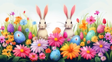 Colourful easter banner with bunnies, eggs and flowers