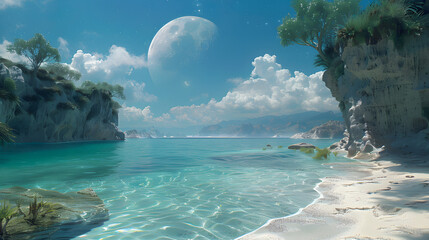 Dreamlike artwork depicting an idyllic beach with white sands and a gigantic moon looming in the sky