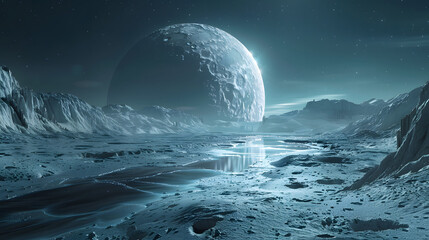 Cold and stark landscape of an imagined alien planet with icy terrains and a large moon in the background