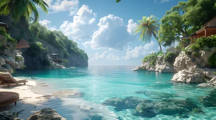 Zelfklevend Fotobehang A serene landscape depicting a tropical beach with lush greenery and wooden huts reflecting on the crystal clear blue waters against a cloudy sky backdrop © Reiskuchen