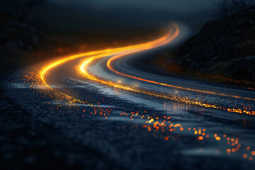 Glowing light trails on curved road in dark landscape