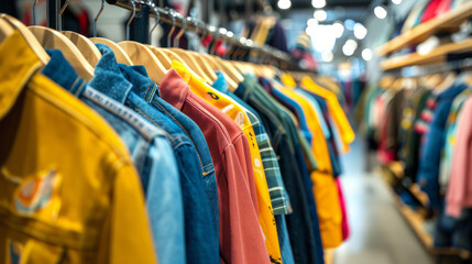 Brightly colored clothing hangs neatly on store racks in a modern retail environment with a blurred background
