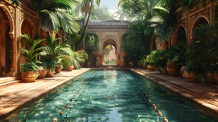 An enchanting image capturing the serene ambiance of a poolside lined with greenery and traditional architecture