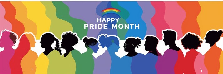 Pride month banner with silhouettes of diverse people, rainbow colors and the text 