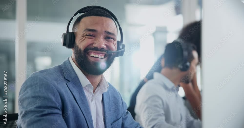 Poster business man, face and call center for customer support, communication and service with e commerce i