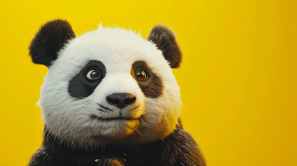 A whimsical panda costume head against a vibrant yellow backdrop.