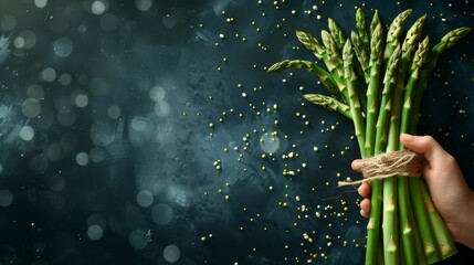 Hand holding asparagus with blurred background, great for text in fresh vegetable selection concept