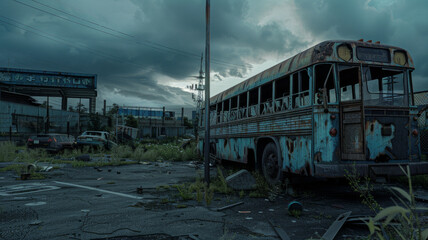 An eerie post-apocalyptic scene with a decrepit bus amidst urban decay.