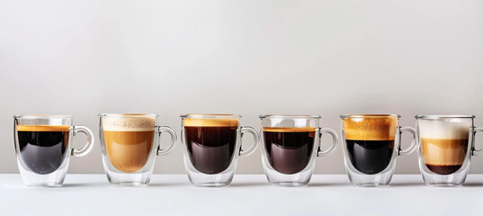 Set with different cups of hot aromatic espresso coffee Isolated on grey  background - obrazy, fototapety, plakaty