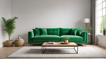 interior green sofa on the background of an empty wall