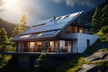 Modern house with solar panels on the roof. Renewable energy, ecology, environment concept. - Powered by Adobe