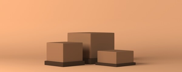 three brown square podium in brown background 3D render