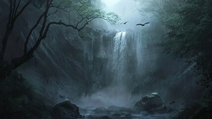 A dark forest scene with a small cave behind a waterfall, and a few birds flying overhead. The scene is bathed in a soft, ethereal light, and the mist rises up into the air. - obrazy, fototapety, plakaty