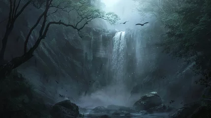 Deurstickers A dark forest scene with a small cave behind a waterfall, and a few birds flying overhead. The scene is bathed in a soft, ethereal light, and the mist rises up into the air. © Ai Studio
