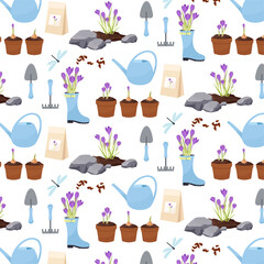 Seamless pattern with garden elements. Spring pattern on a transparent background. Flat style pattern for textile, paper or packaging. Crocus bouquet, watering can, flower bed, seeds in flat style. © miss LEMON