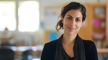 Smiling Female Teacher in Classroom. Generative AI - obrazy, fototapety, plakaty