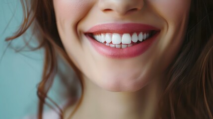 Close-up of a cheerful woman's smile, showcasing white teeth. perfect for dental care promotions and happiness themes. AI