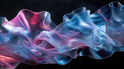 Obraz premium Abstract wavy silk texture in pink and blue. Silky fabric waves with a lustrous sheen in vibrant tones. Fluid silk drapery in contrasting pink and blue hues.