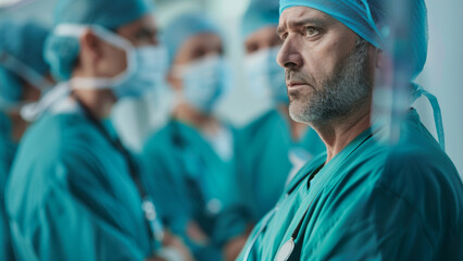 Fototapeta na wymiar Intense male surgeon with team of medical staff in a hospital setting.
