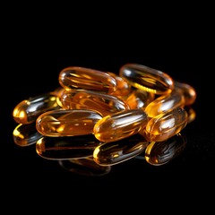 close-up view of amber gel capsules. Health supplement concept with omega-3 gel pills. Nutritional medicine with fish oil gel capsules in high definition.