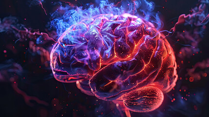Human brain shows lighting colors and action on black background