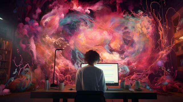  artists collaborate, creating surreal artworks in a virtual studio. Their imagination knows no bounds in this limitless digital realm
