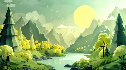 Foto op Plexiglas Whimsical Green Mountain Landscape: Children's Illustration with Trees, Moon, and Lake © Matt