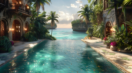An inviting infinity pool overlooking the ocean, surrounded by lush tropical plants and a classic mansion architecture
