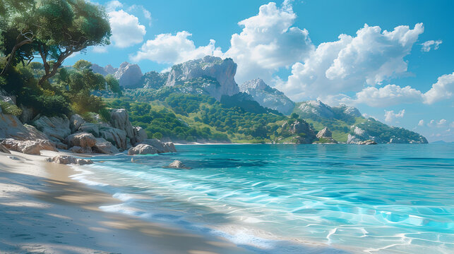 Peaceful coastal scene with crystal-clear turquoise waters, rocky outcrops, lush trees, and a serene sky with fluffy clouds