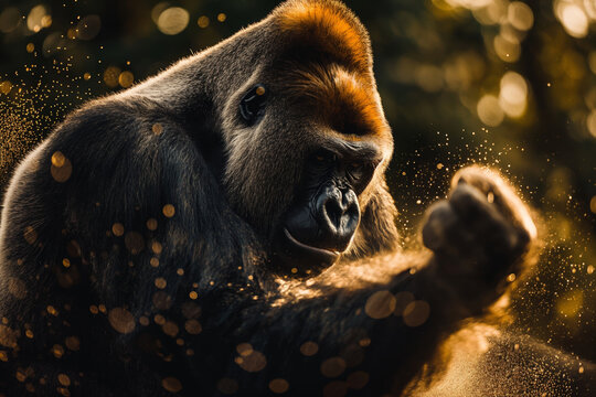 portrait of a gorilla making a fist
