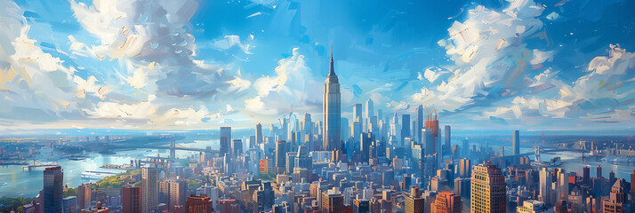 Fototapeta premium Illustration. panorama of big city. wide banner. Space for text. Mixed style painting. For poster, business card, invitation, flyer, banner, email, header, social media post. Generative Ai content