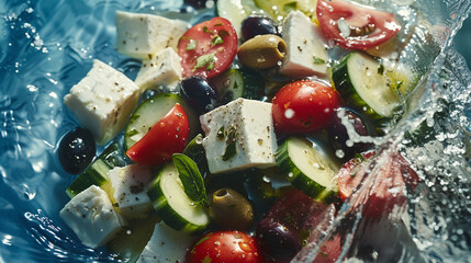 Greek Salad Ingredients with Delicious Feta Cheese, Olives, Tomatoes, and Cucumbers - Against a Watery Blue Background Representing Refreshing Mediterranean Ingredients - Blue and White Color Scheme 