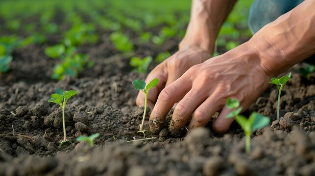 Close-up of hands nurturing delicate seedlings in fertile soil. concept of growth, care, and sustainable agriculture. perfect for environmental themes. AI