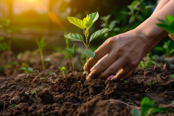 Seeds of Hope: Hands Planting a Young Tree in Fertile Soil, a Symbolic Gesture of Restoration and Growth on Earth Day, Under the Soft Light of a Setting Sun