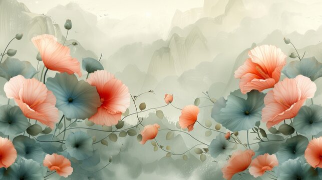  a painting of pink and blue flowers on a white and gray background with a mountain in the backround.