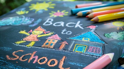 Children's drawing created with colored pencils on black chalkboard. Back to school text. Kids going to learn. Educational poster. Colorful lettering. Generative ai