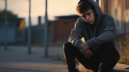 Sad depressed teenager sitting outdoors alone.

 - obrazy, fototapety, plakaty