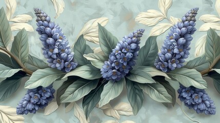  a painting of blue flowers and green leaves on a blue and white background with a green leafy branch in the center of the picture. - obrazy, fototapety, plakaty