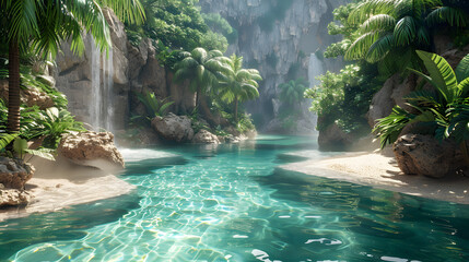 Enchanting hidden oasis with emerald waters, waterfalls, and lush jungle vegetation in a serene setting - obrazy, fototapety, plakaty