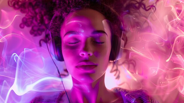 Serene woman immersed in music with vibrant abstract lights surrounding her, capturing emotion and style. digital art. AI