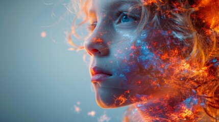 Close Up portrait of a beautiful girl with fire in her hair - obrazy, fototapety, plakaty