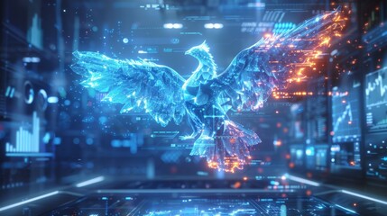 Fototapeta na wymiar A cyber phoenix reborn from market crashes, symbolizing the resilience of investors and the ever-evolving nature of finance and technology.